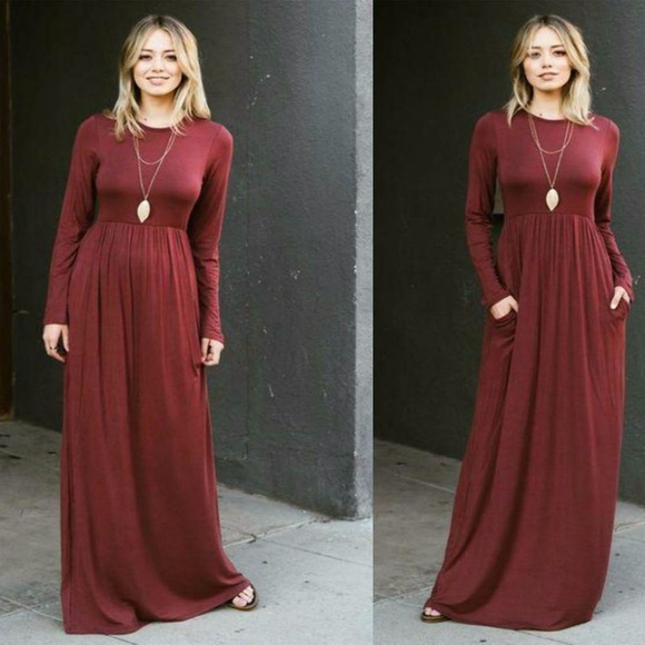 Pink Peplum Boutique Dresses & Skirts - Long sleeve flowy high waist maxi dress