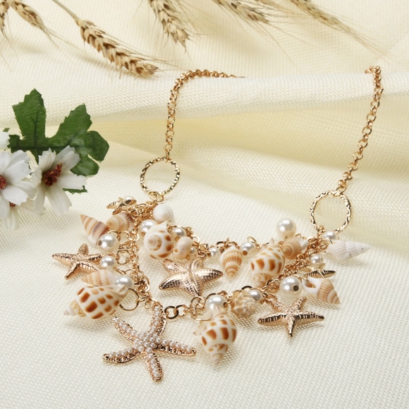 Pearl Studded Starfish Seashell Charm Link Statement Necklace main image 0