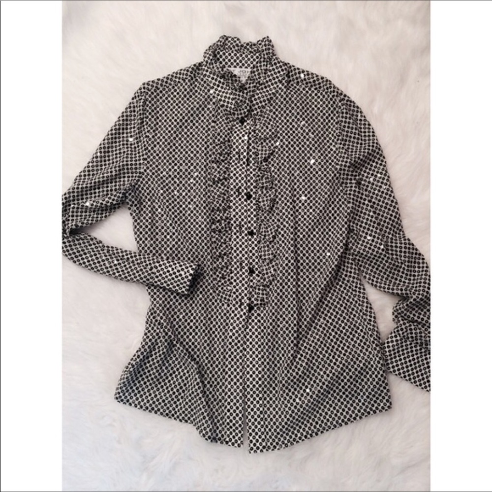 St John black and white ruffle blouse, size 10