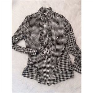 St John black and white ruffle blouse, size 10