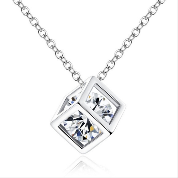 Jewelry - Silver Tone Metal Square Cube CZ Pendant Necklace