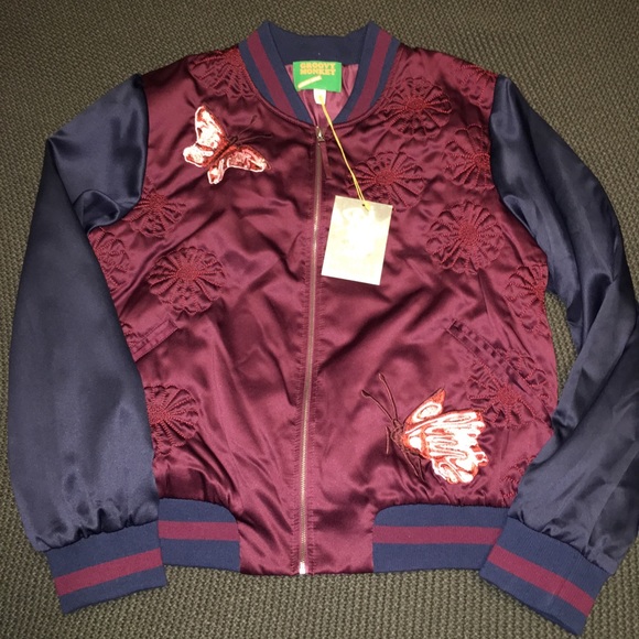Groovy Monkey Jackets & Blazers - NWT Groovy Monkey maroon and navy bomber jacket