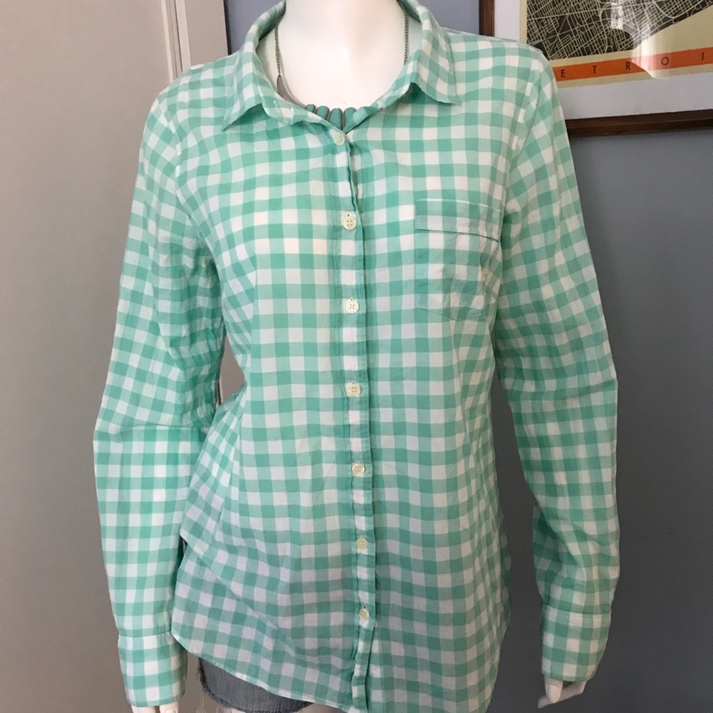 J. Crew cotton teal gingham top. Size medium