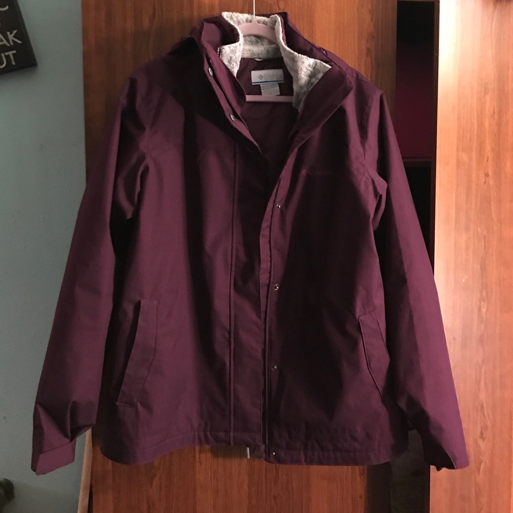 Plum purple waterproof, insulated jacket.