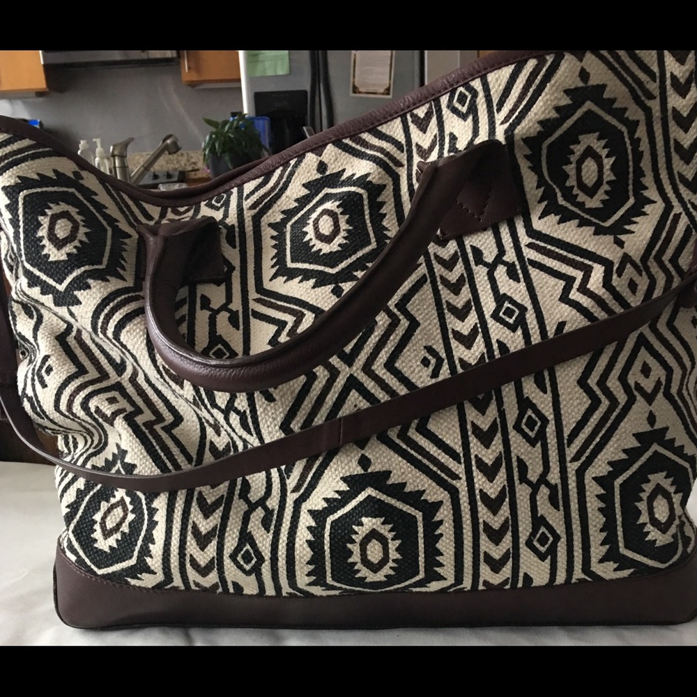 Large Cloth and Faux Leather Trim Tote