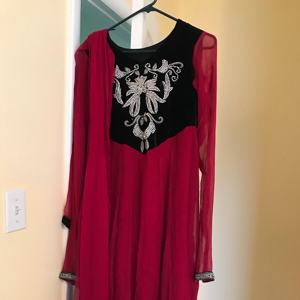 Red long dress.
