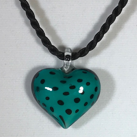 Adorable Hand-Painted Glass Puffy Heart Necklace - Picture 2 of 7
