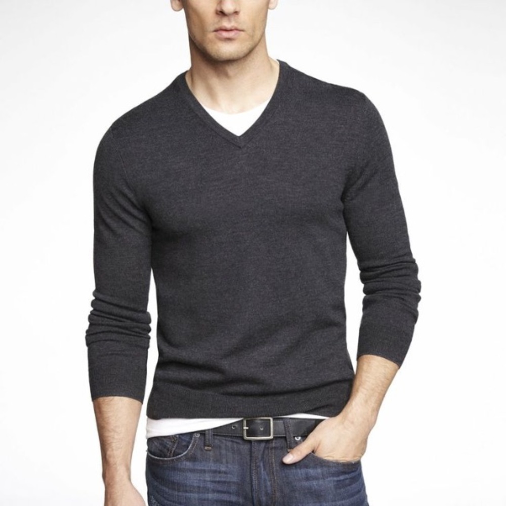 Express Sweater Charcoal Grey V Neck Merino Wool