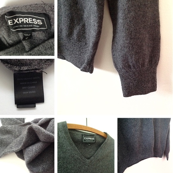 Express Sweater Charcoal Grey V Neck Merino Wool - Picture 4 of 8