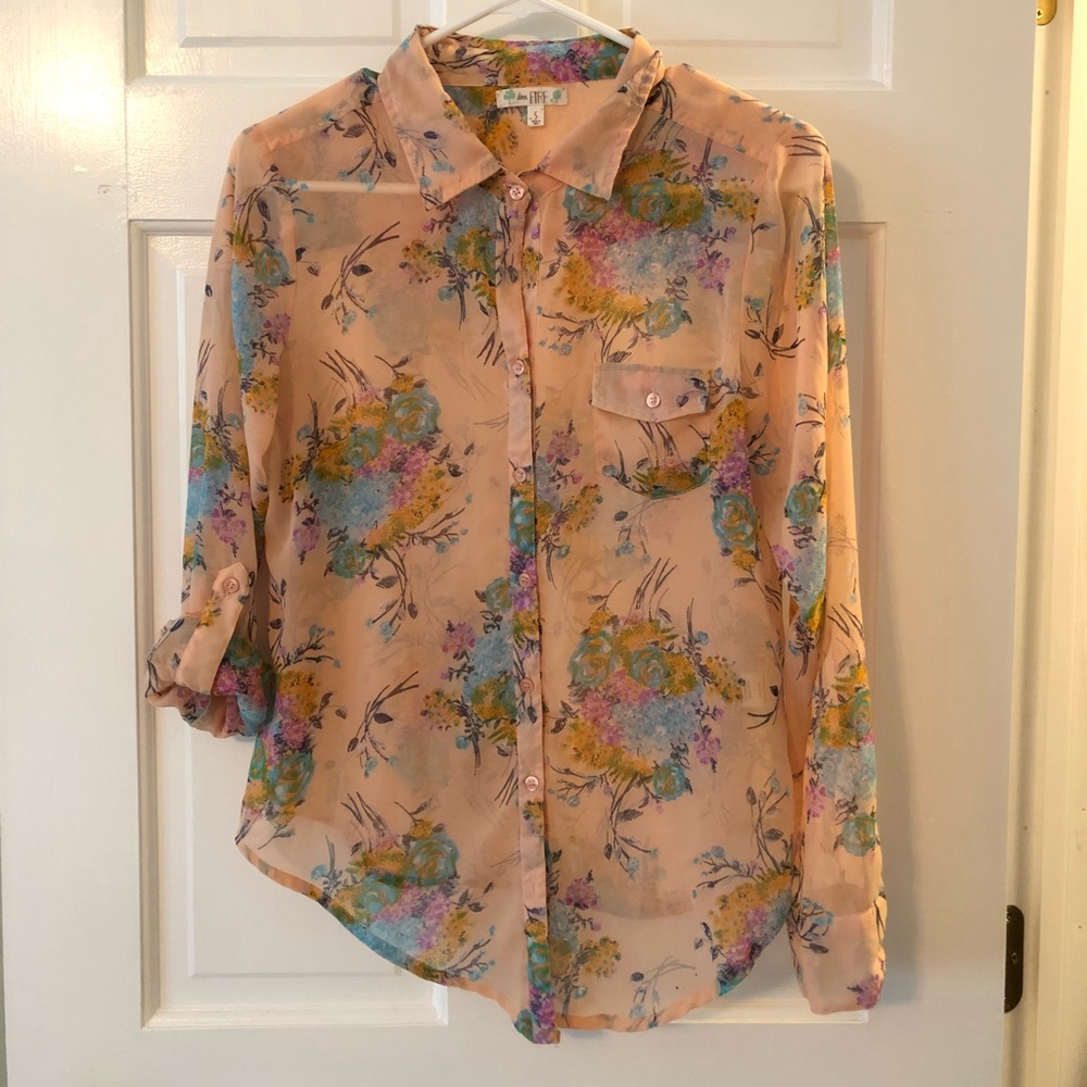 Sheer chiffon floral peach button shirt size s