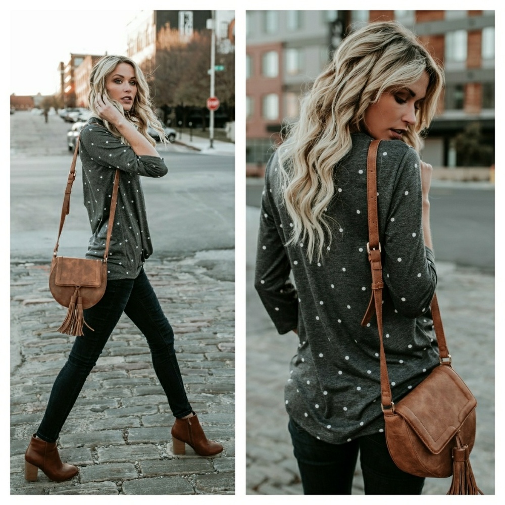 1hour sale Last! Lg ️charcoal polka dot twist top - Picture 2 of 4