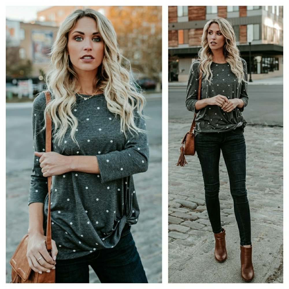 1hour sale Last! Lg ️charcoal polka dot twist top - Picture 3 of 4