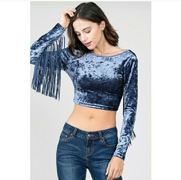 💙🆕 Navy Crushed Velvet Fringed Crop Top - Picture 1 of 5