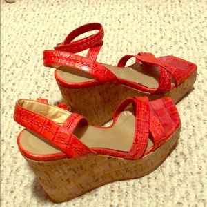 Stuart Weitzman orange cork wedges