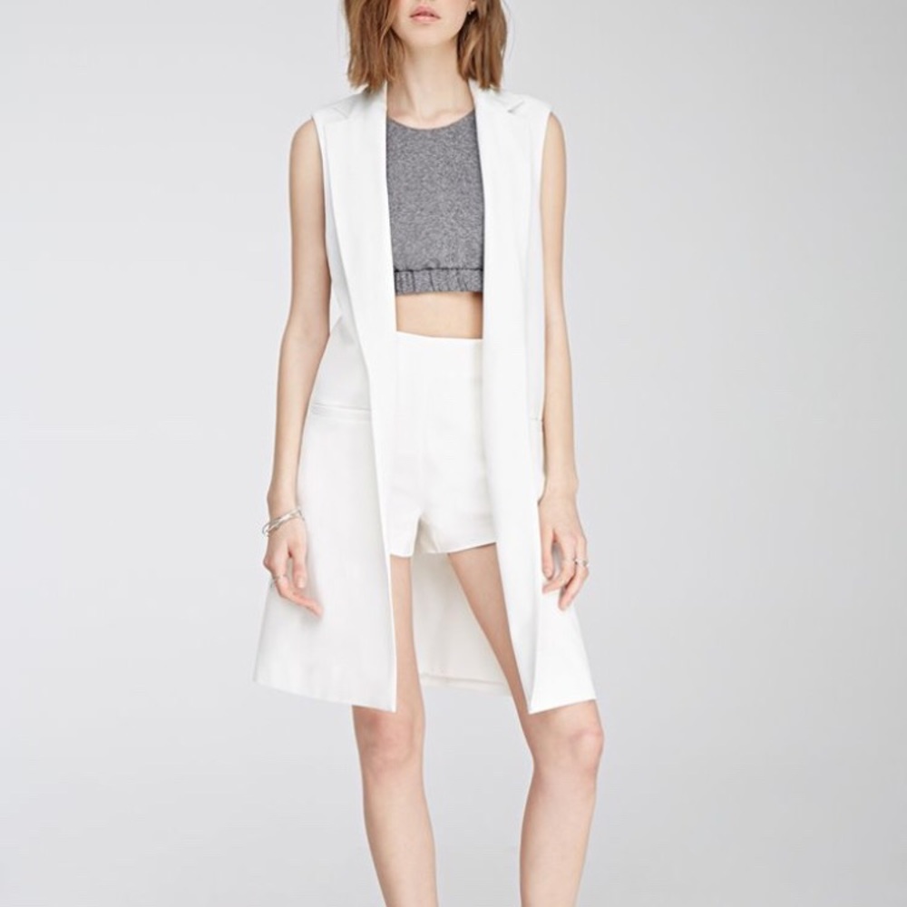 F21 Long White Collared Vest