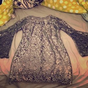 Metallic Lace Bell Sleeve Shift Dress