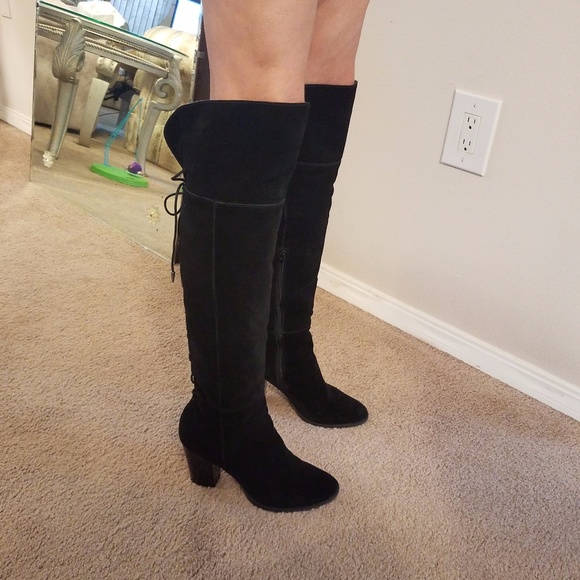 Reba Zeda Black Suede Leather Knee High OTK Boots - Picture 3 of 8