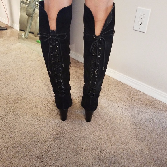 Reba Zeda Black Suede Leather Knee High OTK Boots - Picture 2 of 8