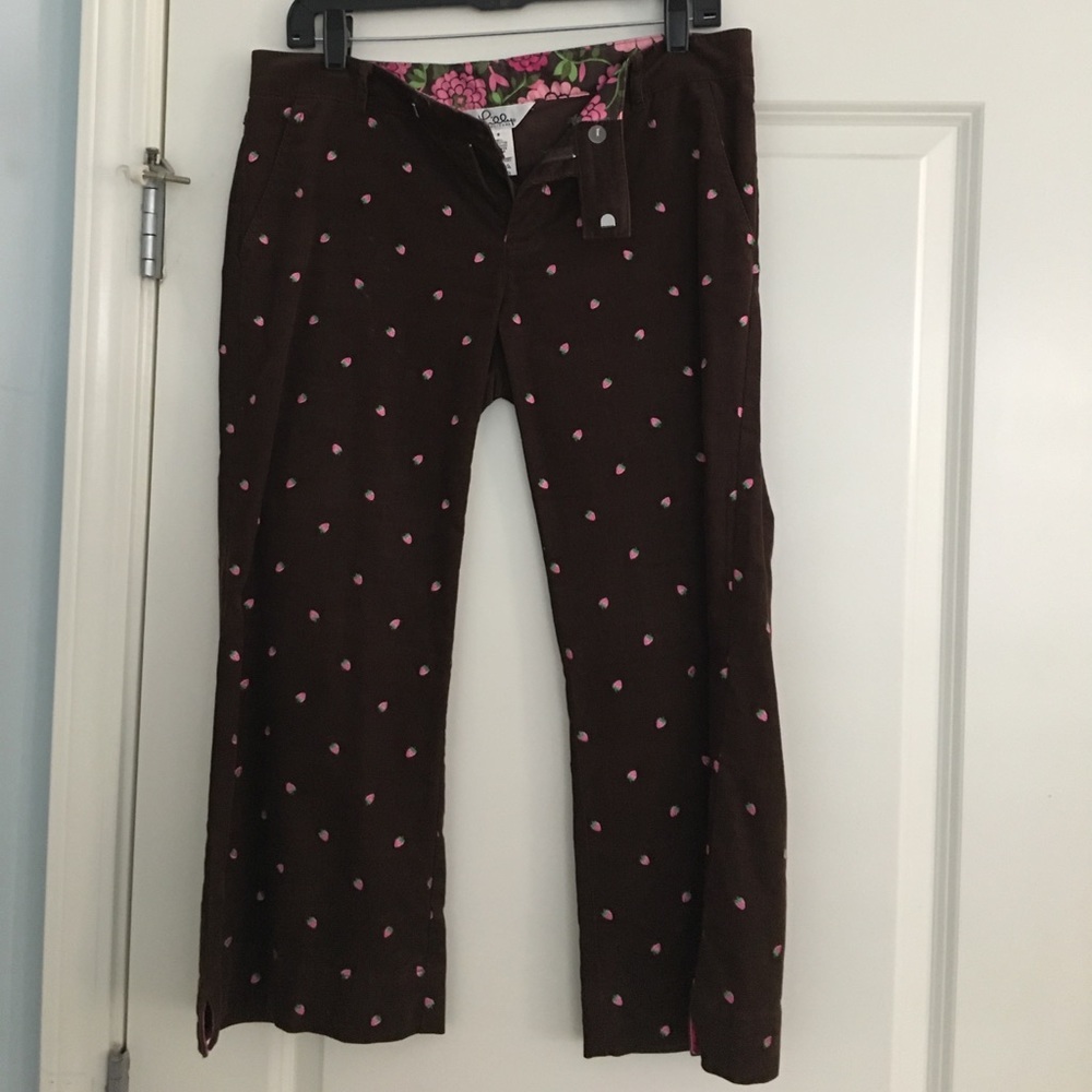 Brown cords w/ pink strawberry embroidered