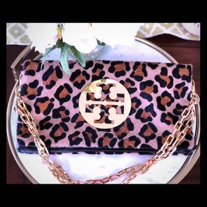 TORY BURCH Animal Print Pony Hair Leopard bag Auth