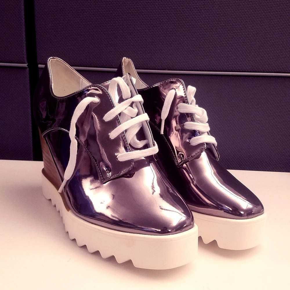 Metallic Pewter Sneaker Wedges, Size 9