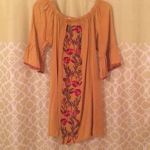 Mustard gold floral embroidered dress w/POCKETS 🌻