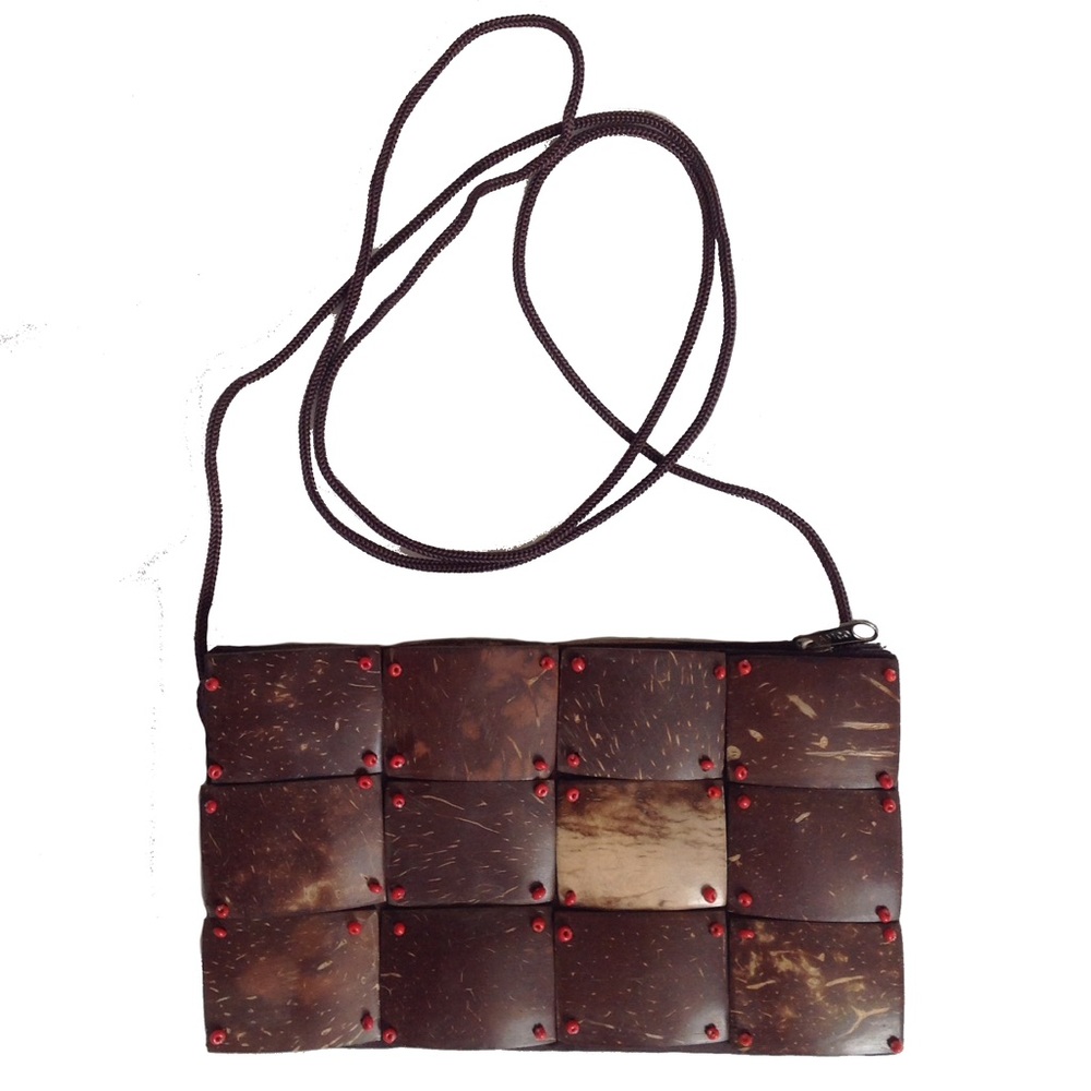 Coconut shell clutch with strap