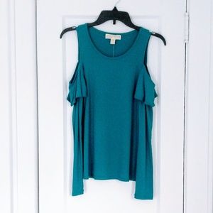 NEW Michael Kors Teal Ruffle Cold Shoulder Top
