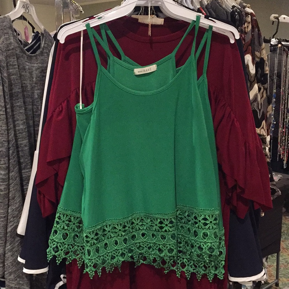 Green spaghetti strap tank with lace bottom