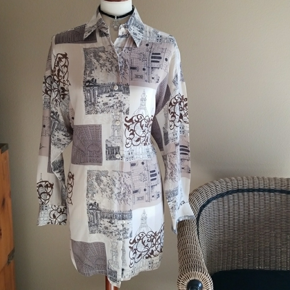 ELLEN TRACY OVERSIZED SILK LONG SHIRT