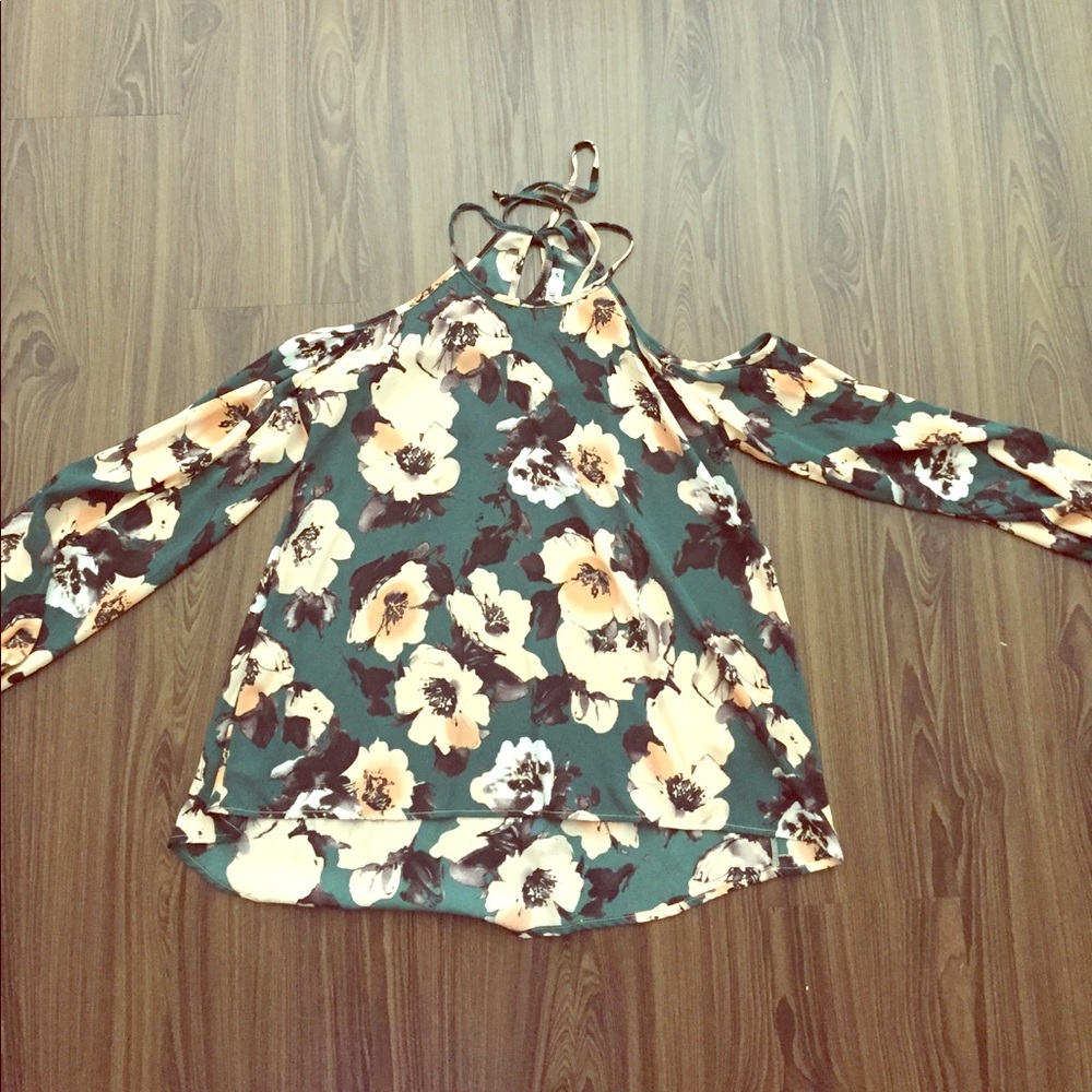 Green floral top with cold shoulder detail