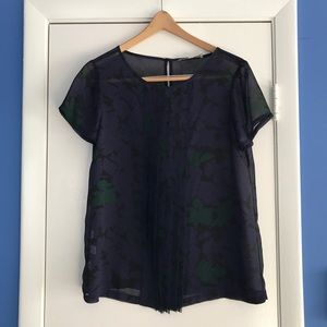 LOFT Pleated Front Navy Floral Blouse