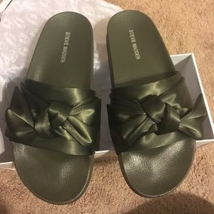 Olive Green Silky Bow Steve Madden Slide Sandals