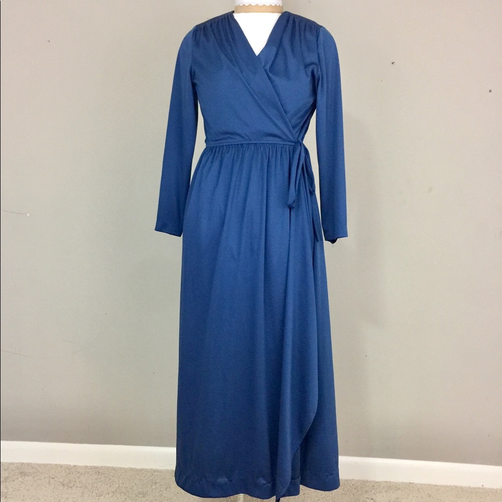 Vintage 1970s Wrap Dress Silky Blue Midi Dress