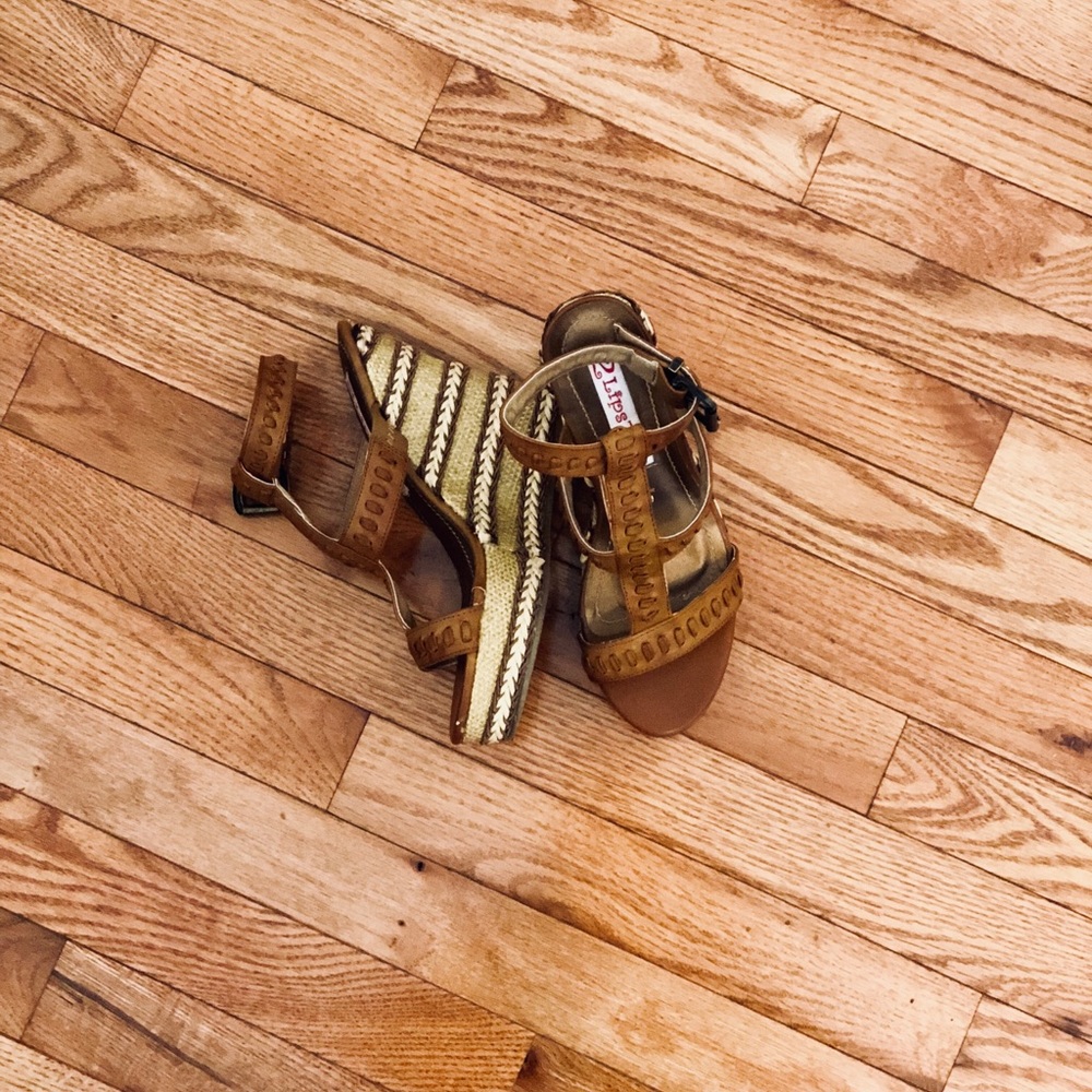 2 lips too • brown braided wedges