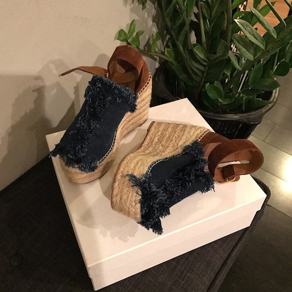 Chloe Denim Fringe Wedge Espadrilles Sandals