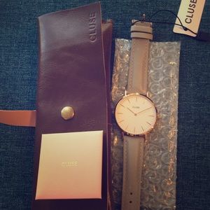 Rose Gold watch with gray leather strap