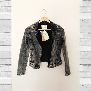 Charcoal Denim Fitted Biker Jacket