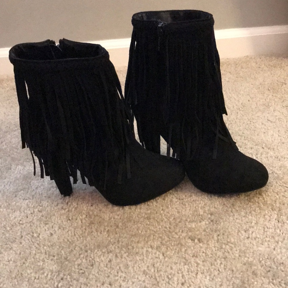 Black fringe ankle boots