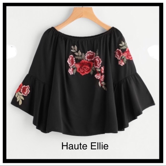 Floral Embroidered Off Shoulder Bell Sleeve Top - Picture 1 of 5