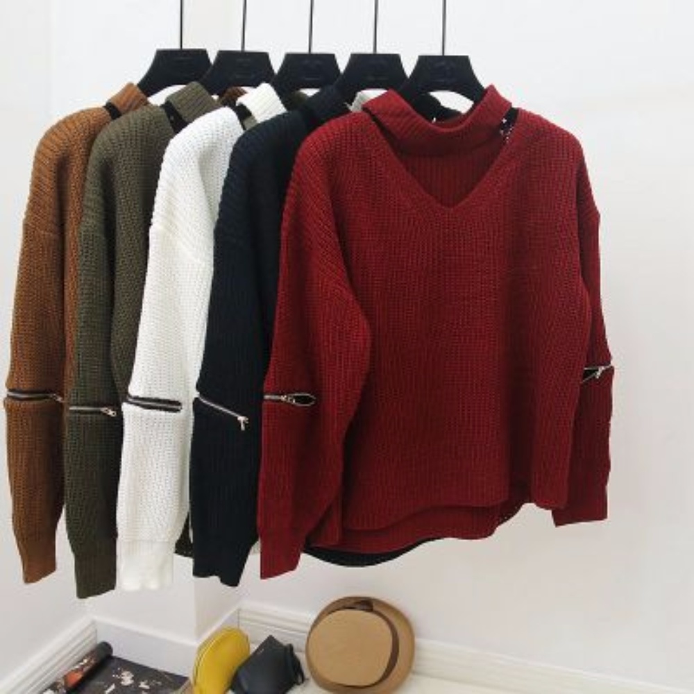 Burgundy Choker Sweater with Zippers