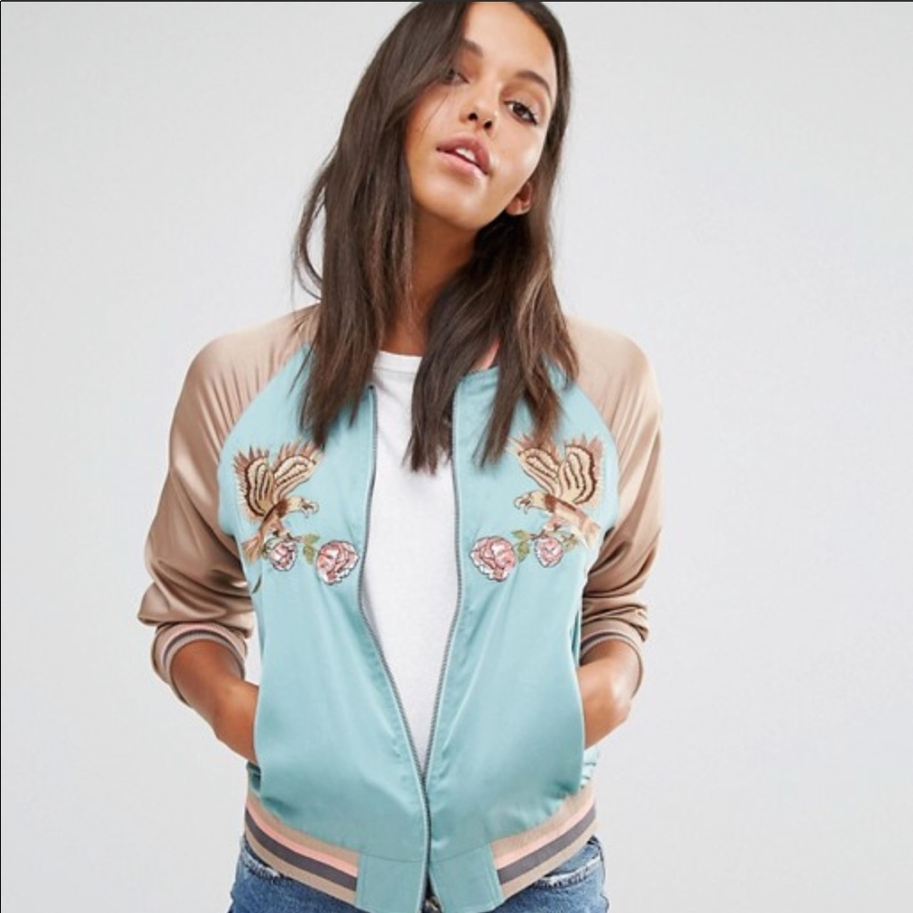 Blue satin bomber jacket with embroidery