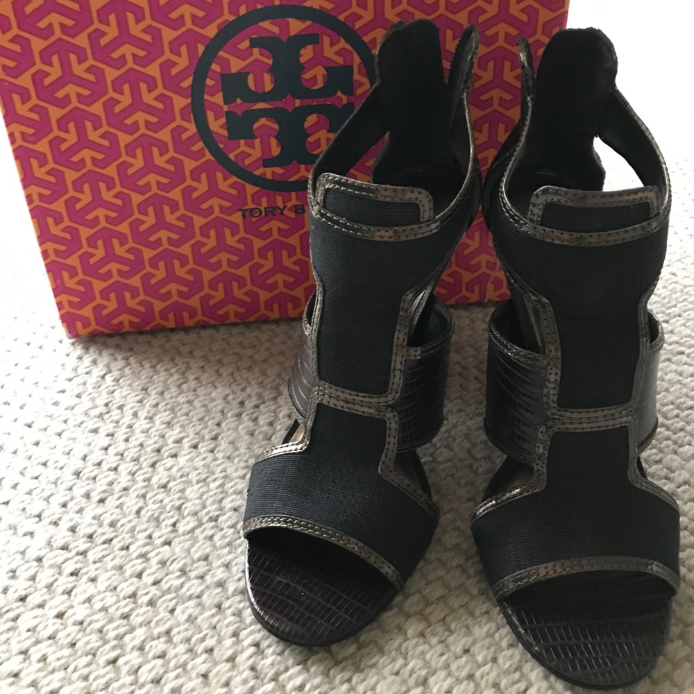 Tory Burch Geoff Linen Metallic Lizard Heels