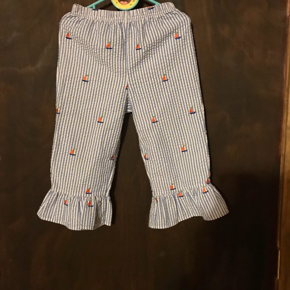 Kelly’s Kids seersucker sailboat ruffle capris.