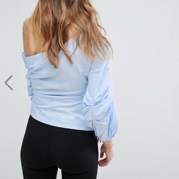 NWT Bershka Blue One Shoulder PUff Sleeve Top - Picture 2 of 7