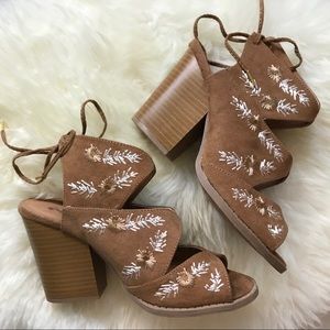 Embroidered Suede Block Heels