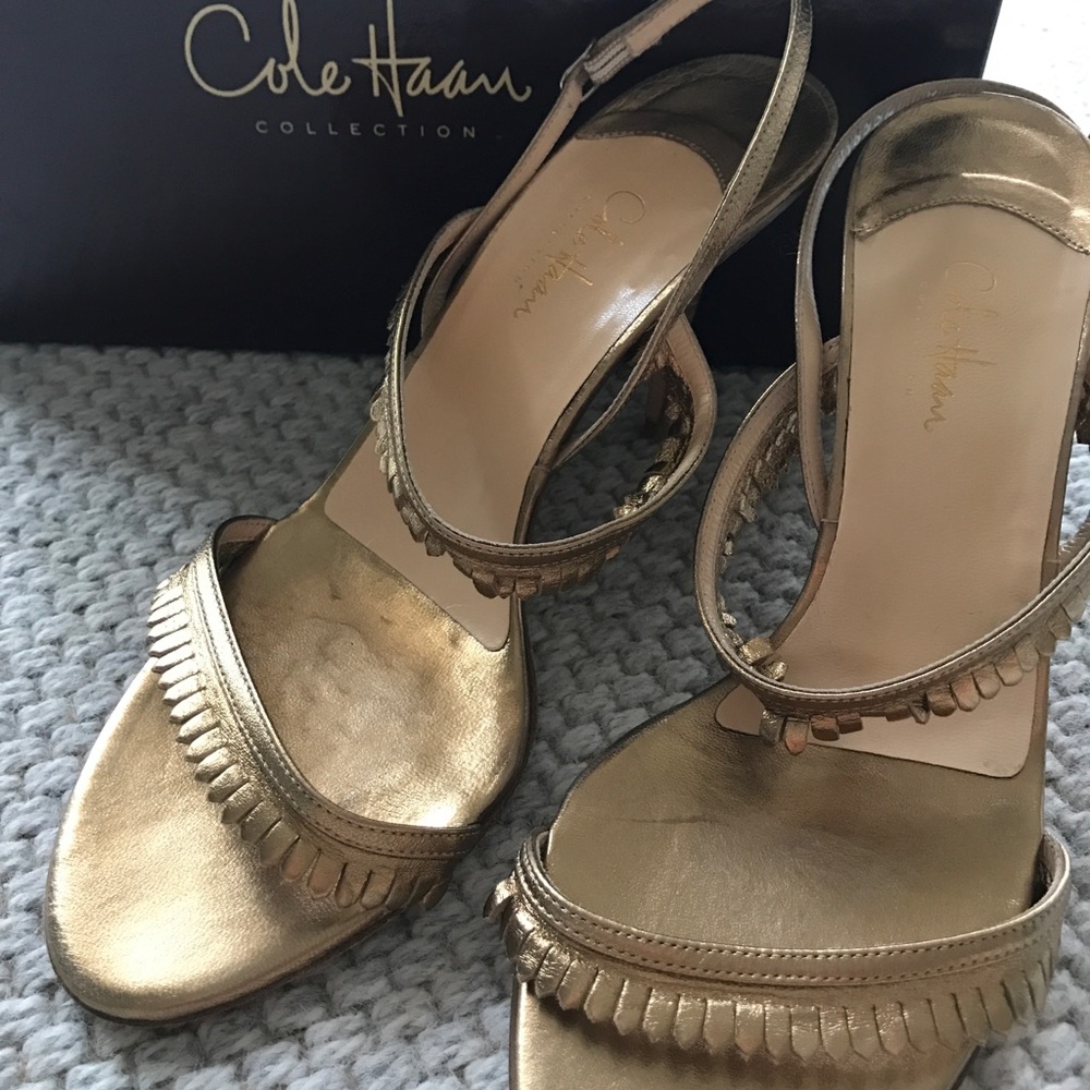 Cole Haan Collection gold leather fringe stilettos