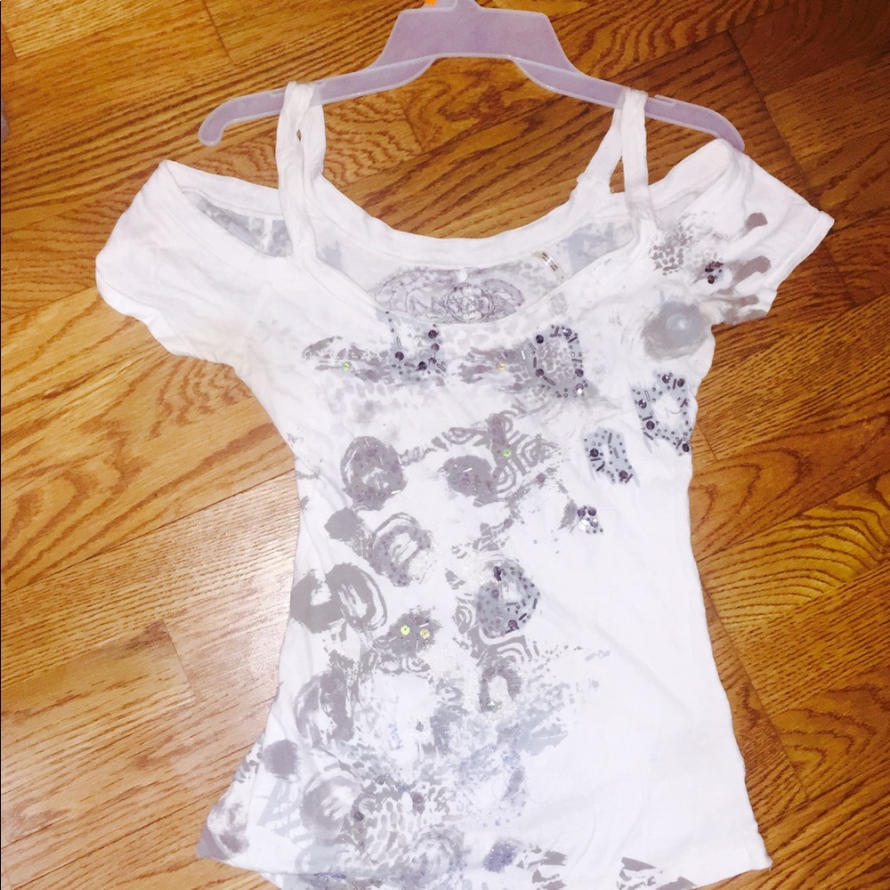 Women's Guess White Sequin Peep Shoulder Top