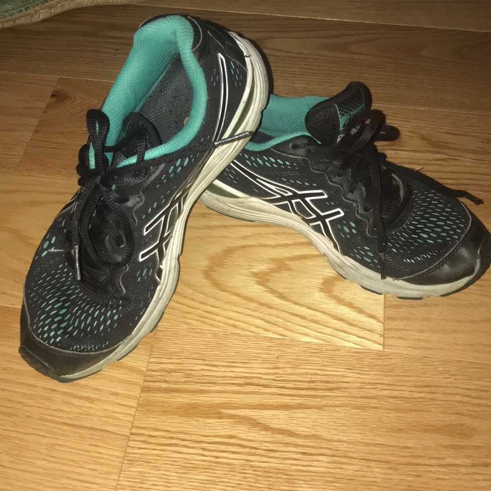 ASICS black and blue running shoes