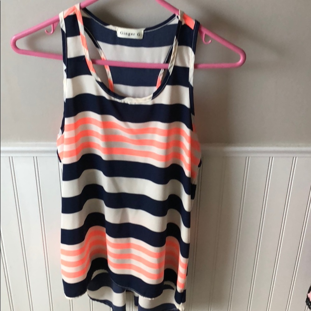 Striped blue and neon coral chiffon tank